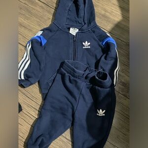 Adidas Preowned zipper hoodie and joggers in navy blue. Size 9-12 months